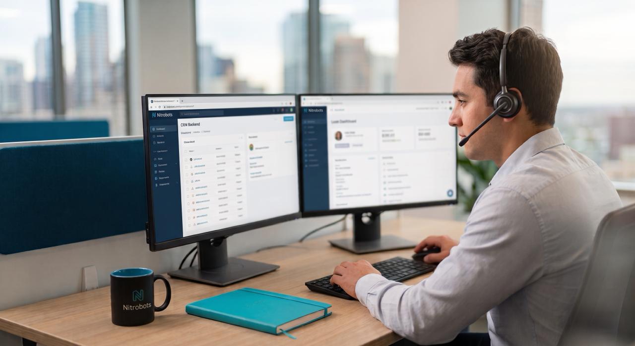 A sales development rep working alongside AI dashboards on dual monitors
