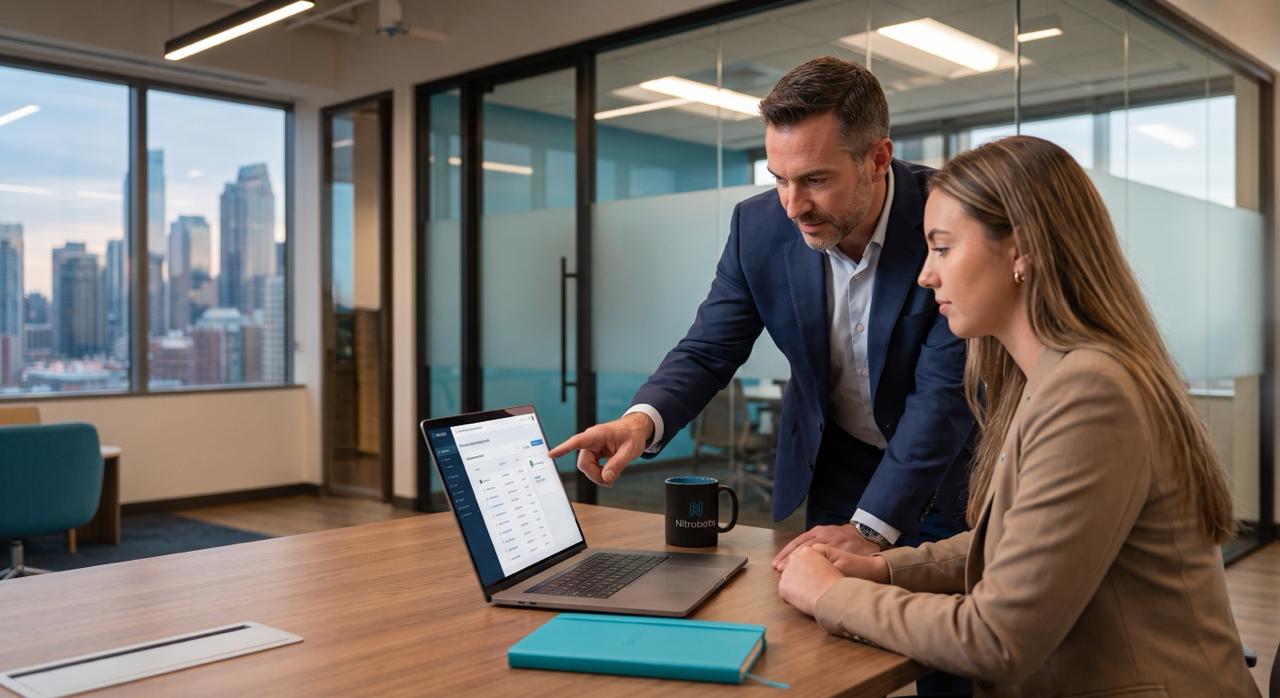 Two colleagues reviewing an AI-powered sales dashboard in a modern office